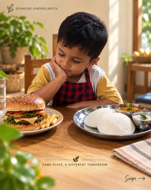 A boy at a table looking at a burger on one plate and idli on another